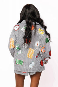 Queen Of Sparkles - Stripe Basketball Icon Button Up Top
