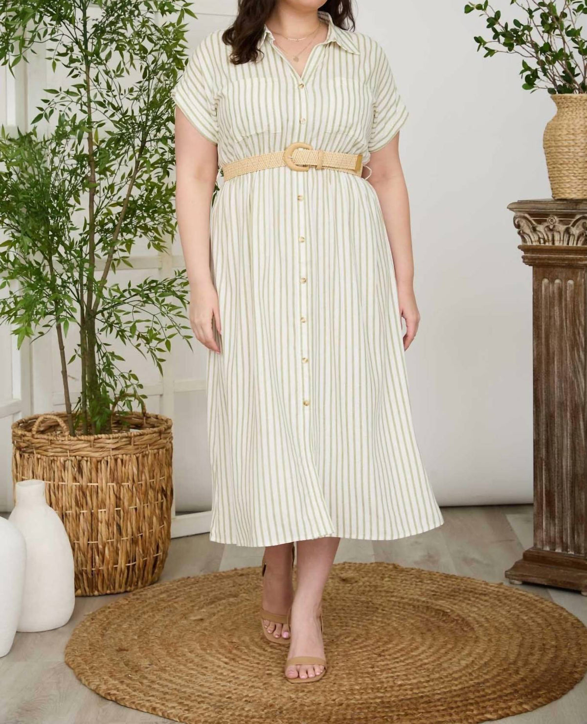 Blu Pepper - Belted Shirt Midi Dress - Plus