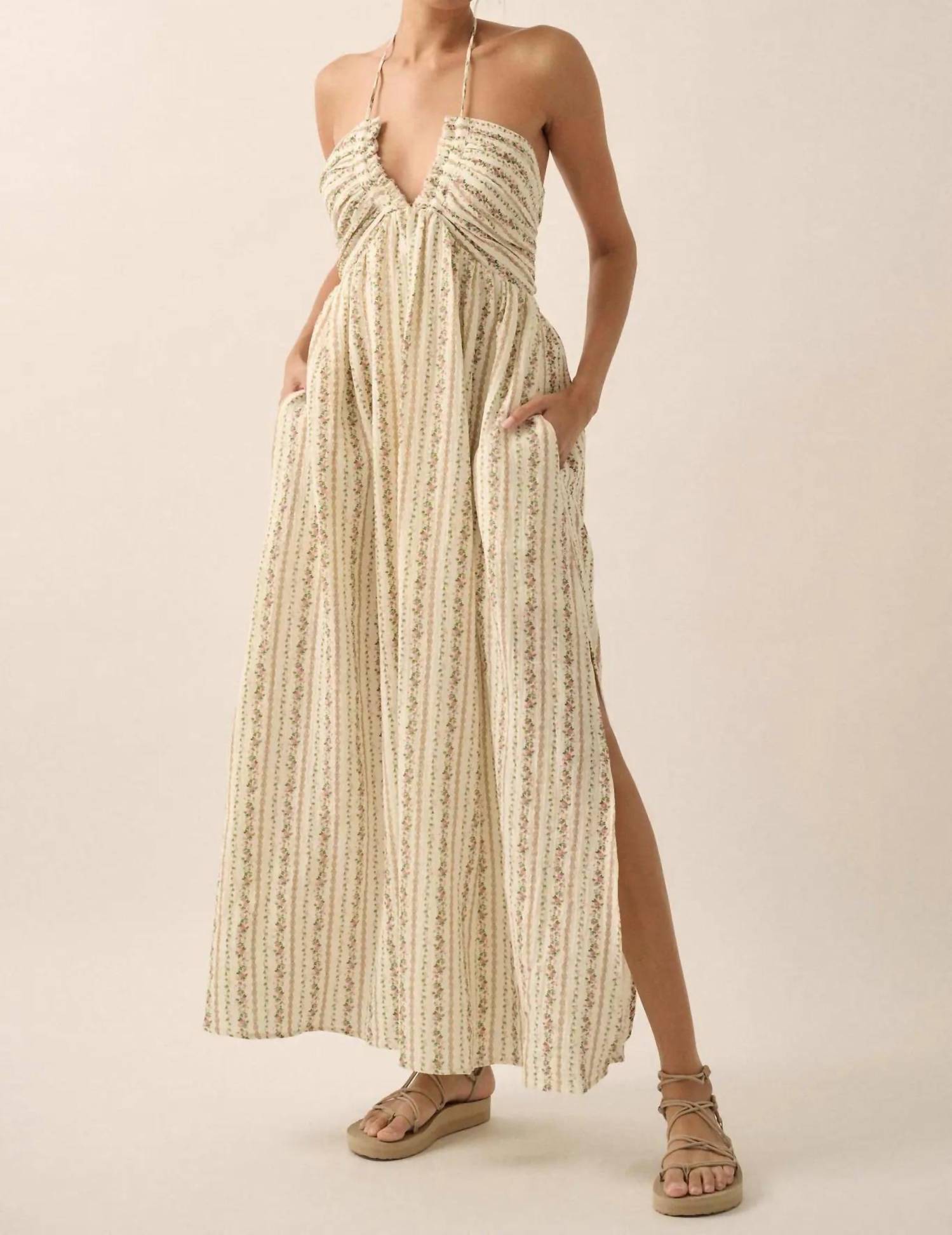 Promesa - Trellis Blossoms Floral Gauze Halter Maxi Dress