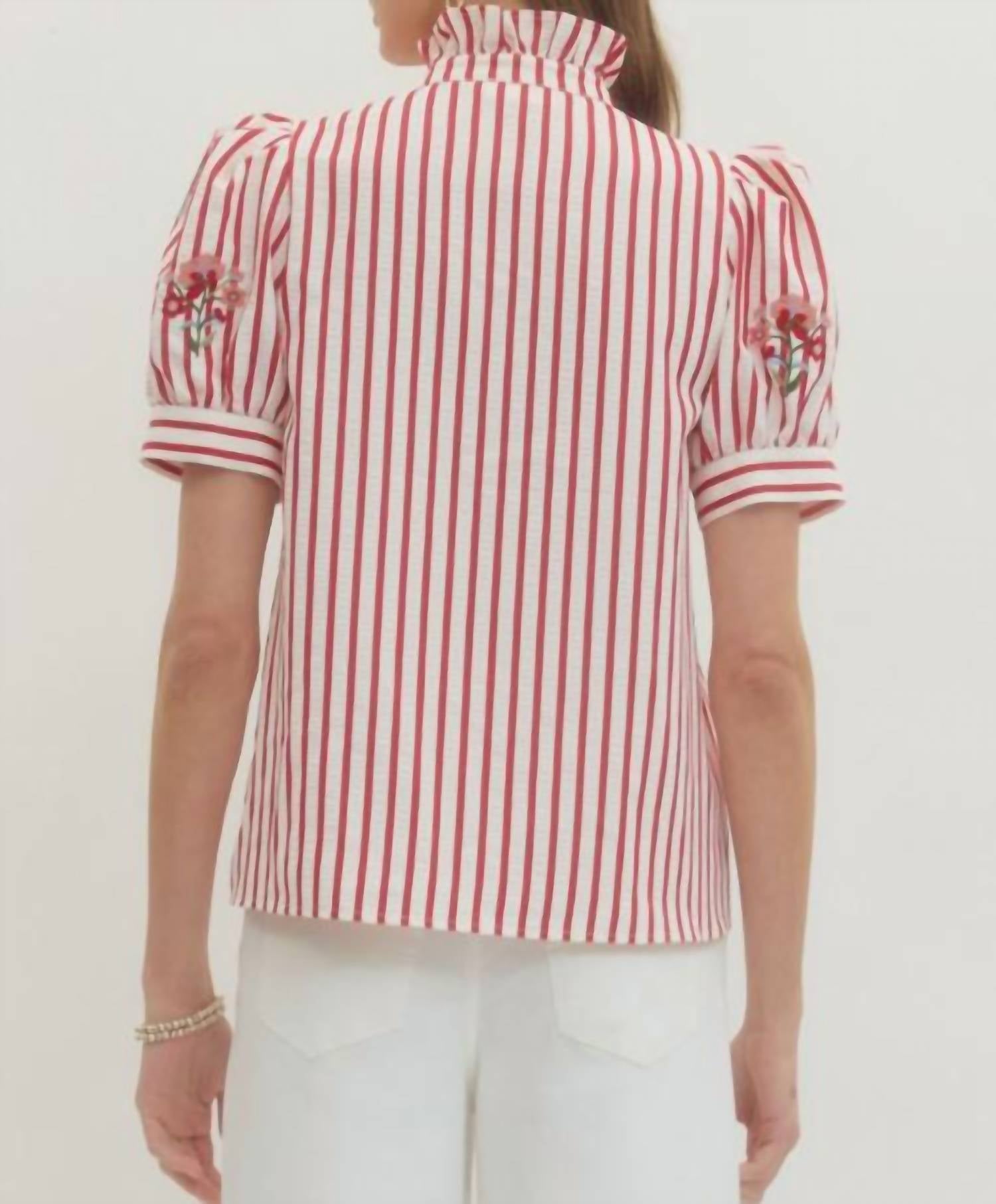 Entro - Striped Puff Sleeve Top with Embroidery