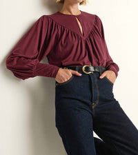 Nation LTD Jeannie Keyhole Top in port - women's blouse - detail view