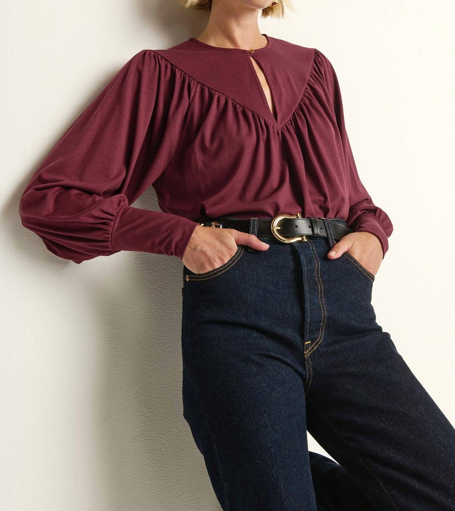 Nation LTD Jeannie Keyhole Top in port - women's blouse - detail view