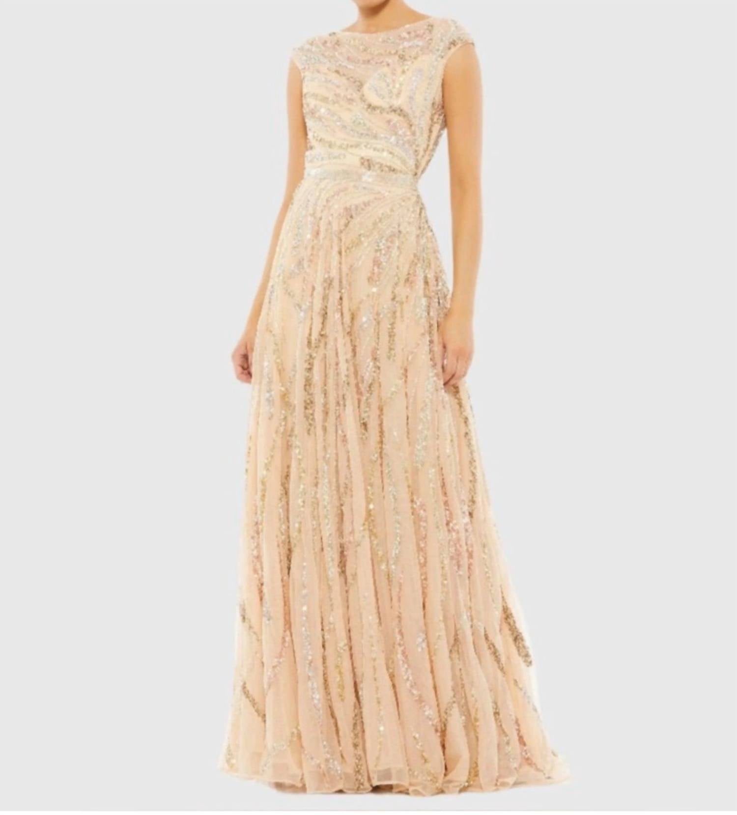 MAC DUGGAL Cap Sleeve Embellished Evening Gown in beige - women's dress