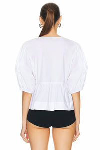 Ganni - Pre-loved Poplin Puff Sleeve V Neck Blouse With Smocked Shirred Waist