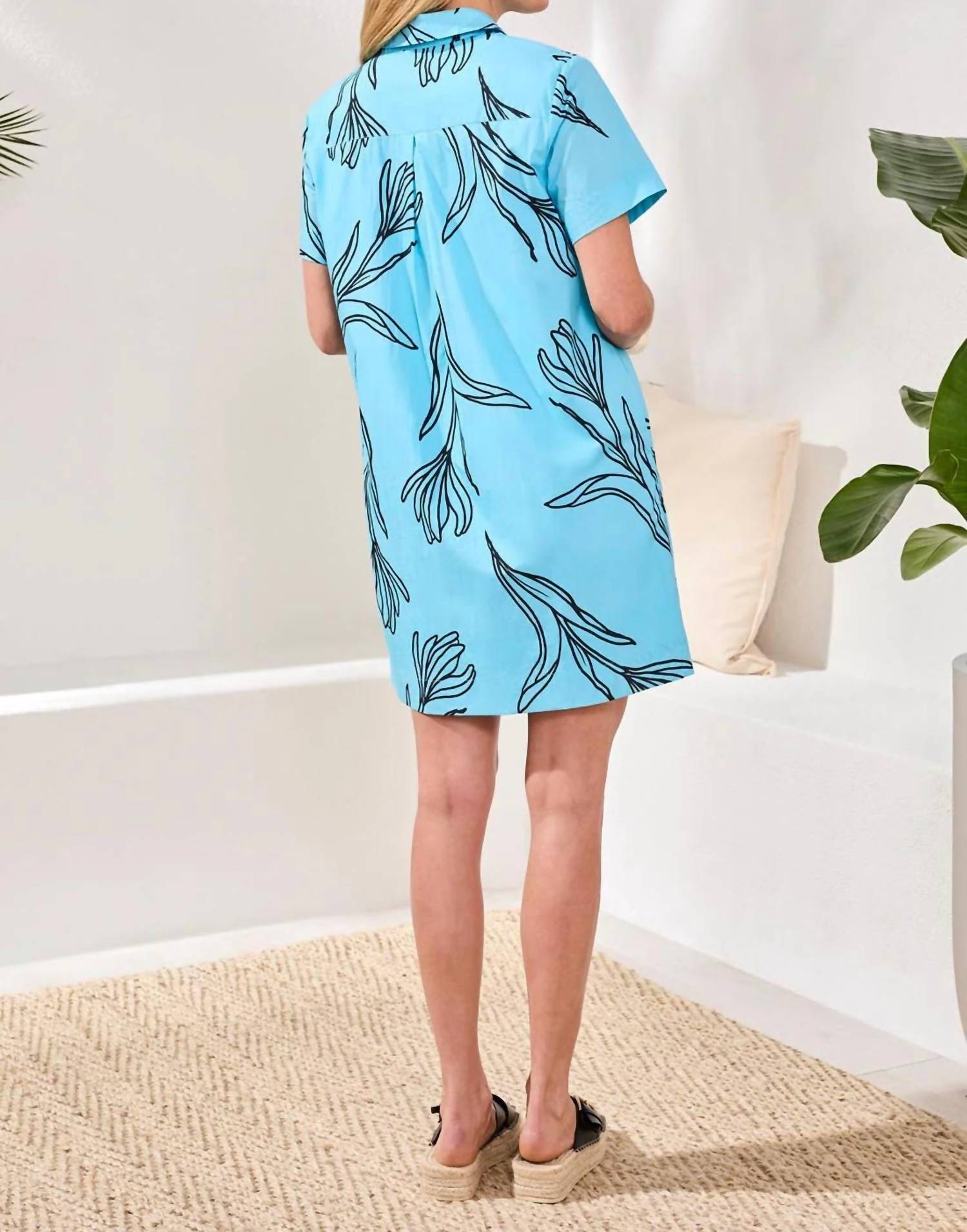 MB by Tribal Printed Cotton Poplin Button Up Dress in blue - women's dress - detail view