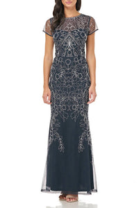Js Collections - Women's Crew Neck Short Sleeve Illusion Soutache Mesh Dress