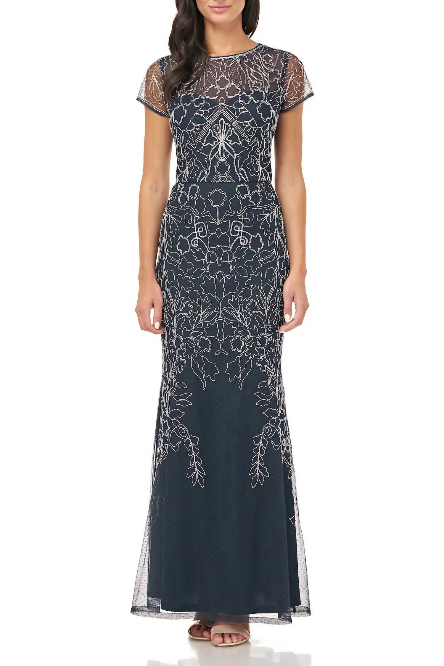 Js Collections - Women's Crew Neck Short Sleeve Illusion Soutache Mesh Dress