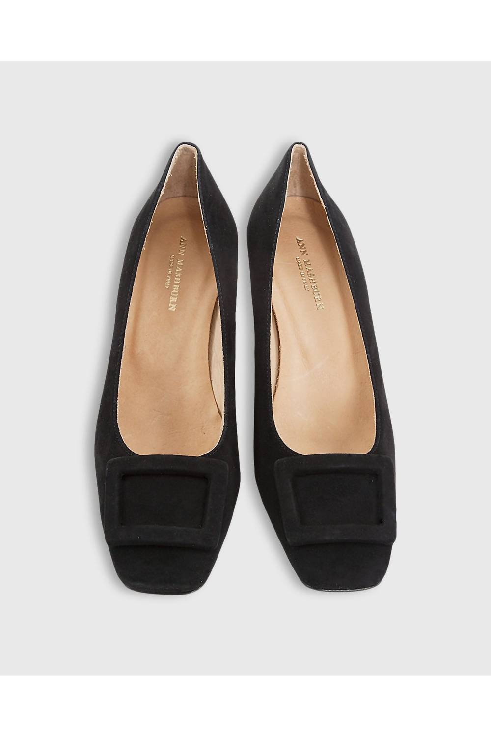 Ann Mashburn Women's Buckle Heel in black suede - women's heels - detail view