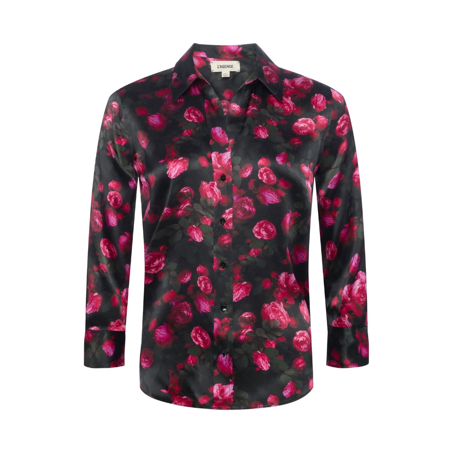 L'Agence Dani 3/4 Sleeve Silk Blouse in black pink rosa chinensis - women's blouse - view 4