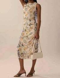 FARM RIO Hummingbird Garden Floral Ruched Midi Dress in cream - women's dress - detail view