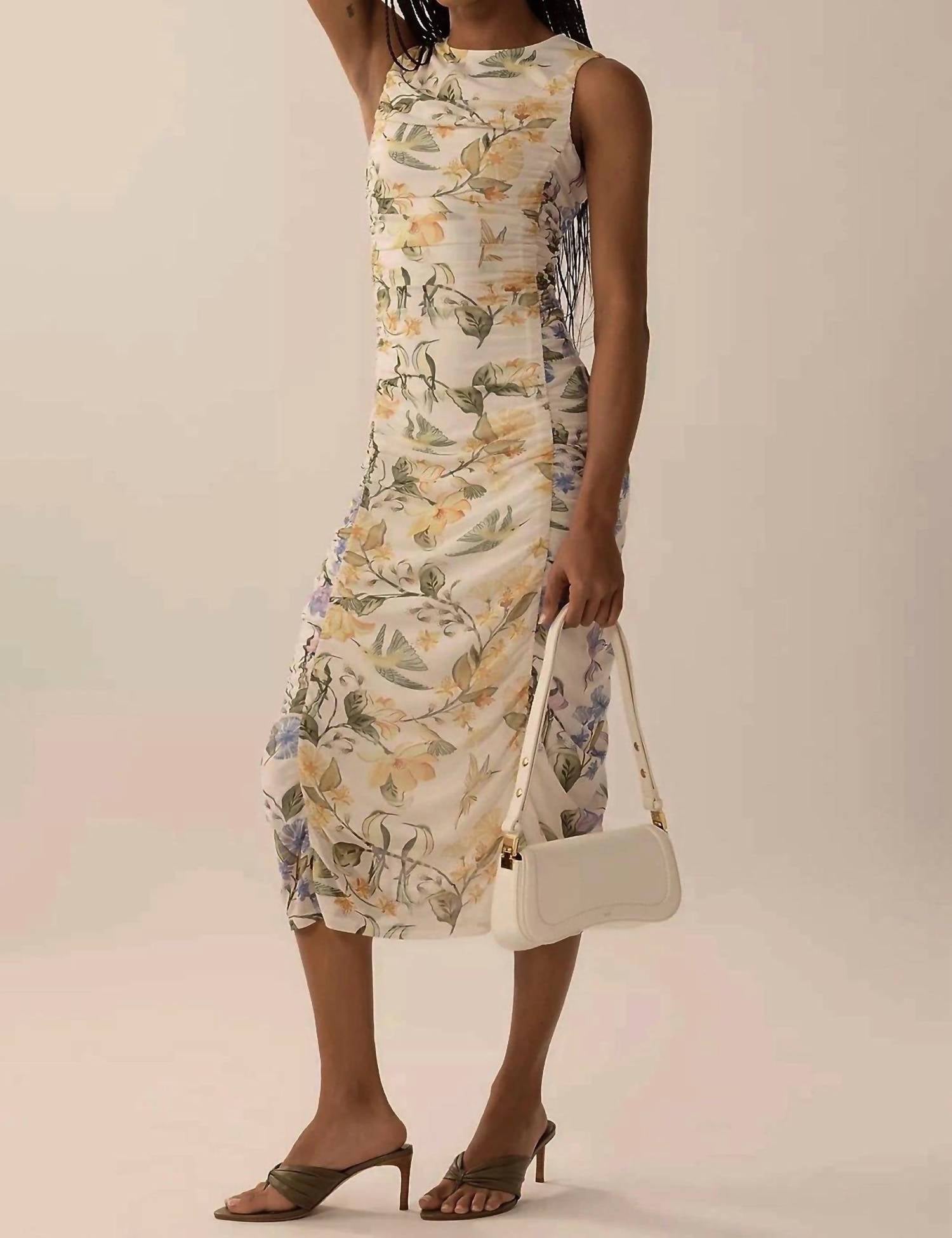 FARM RIO Hummingbird Garden Floral Ruched Midi Dress in cream - women's dress - detail view