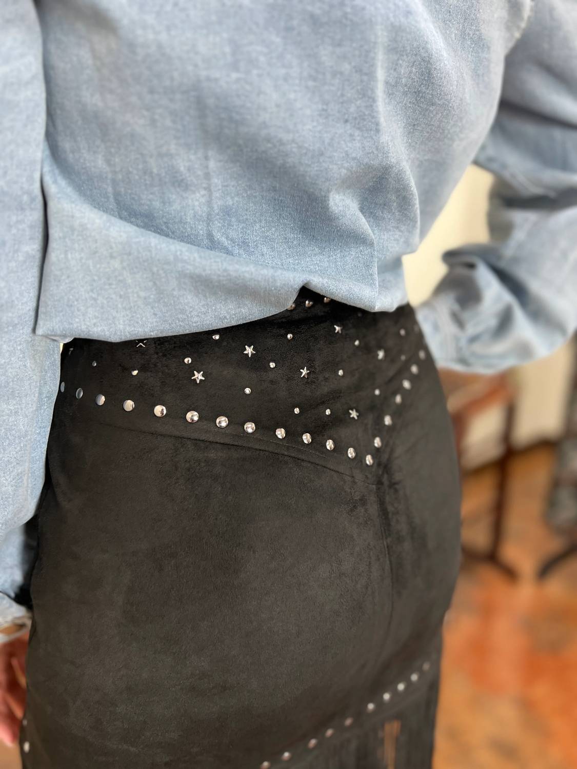 Rock & Roll Denim - The Studded Fringe Buckle Skirt