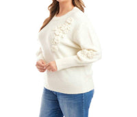 Karen Kane Hand Embroidered Flower Detail Sweater - Plus in light oatmeal - women's sweater - alternate view