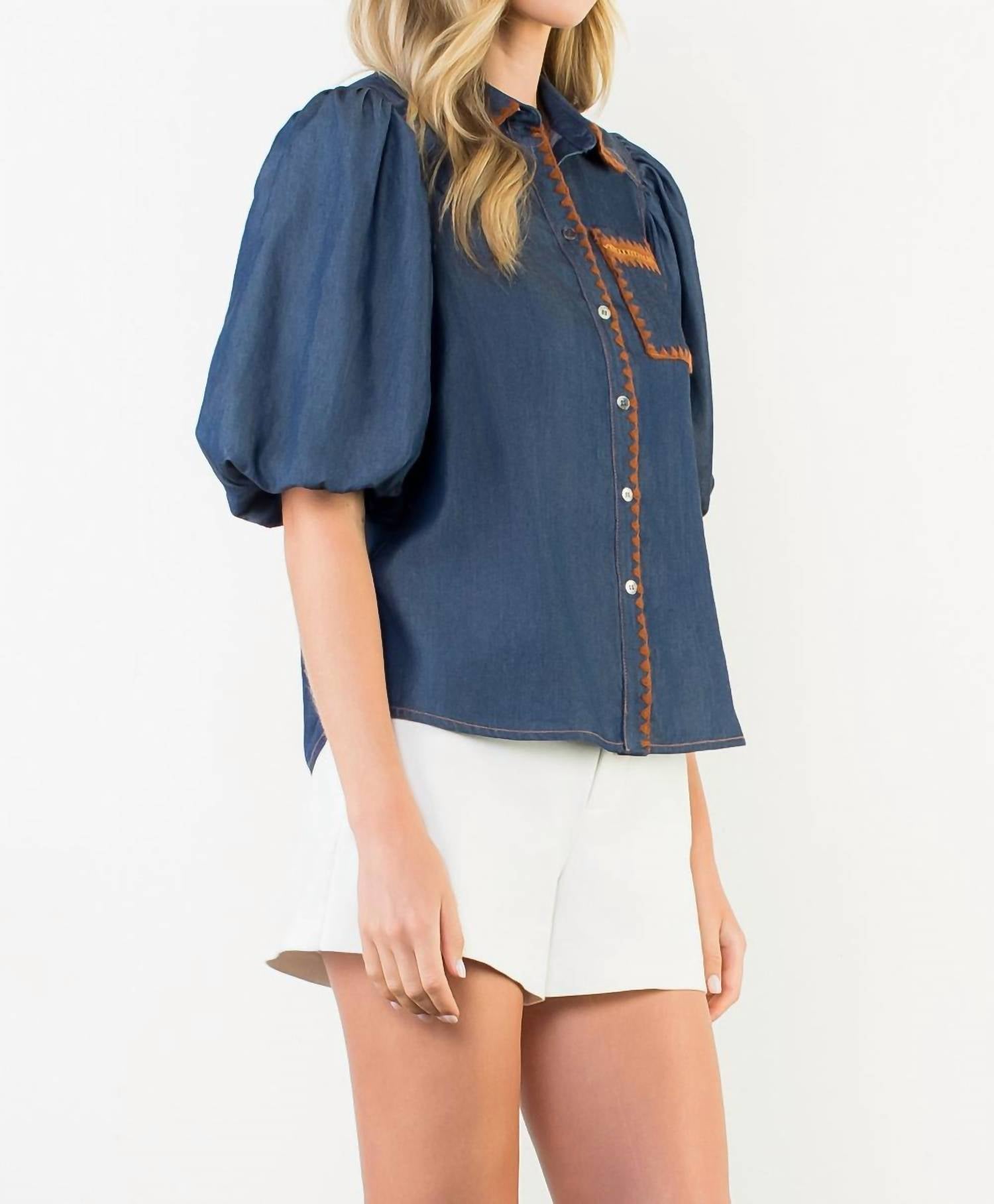 THML Puff Sleeve Denim Button Up Top in blue - women's shirt - alternate view