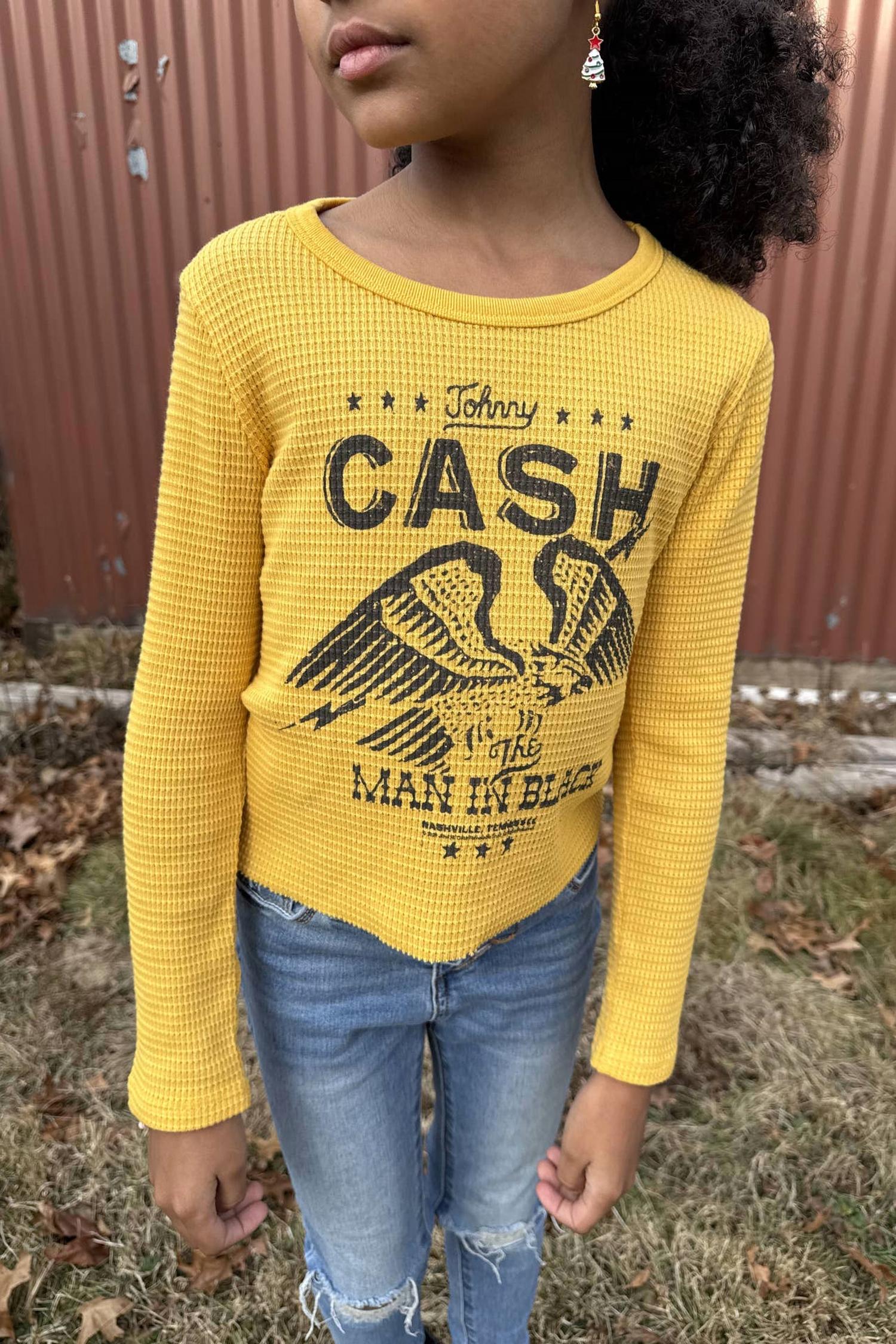 ROWDY SPROUT Kid's Johnny Cash Man Thermal Tee in black thermal tee in gold - kids' long sleeve top