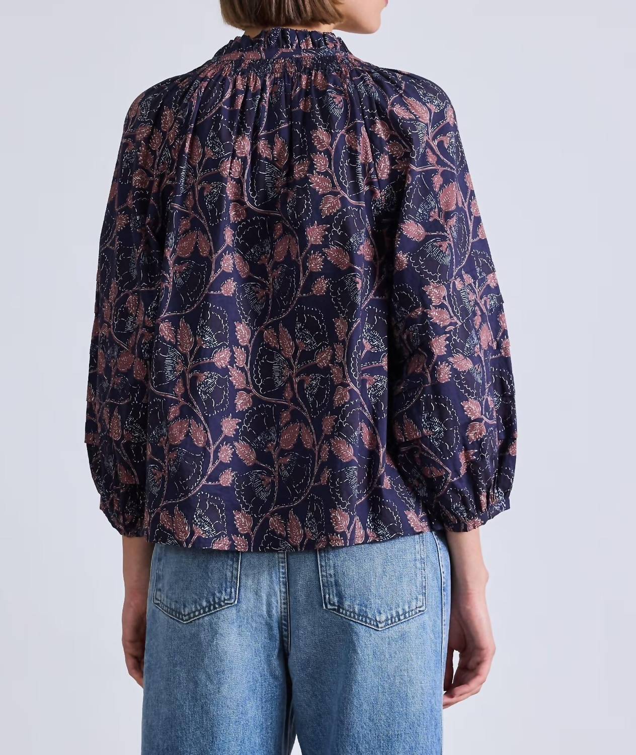 APIECE APART Trinidad Top in camille floral navy 1 - women's blouse - detail view