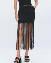 THEO the Label Aphrodite Fringe Layered Mini Skirt in black - women's skirt - detail view