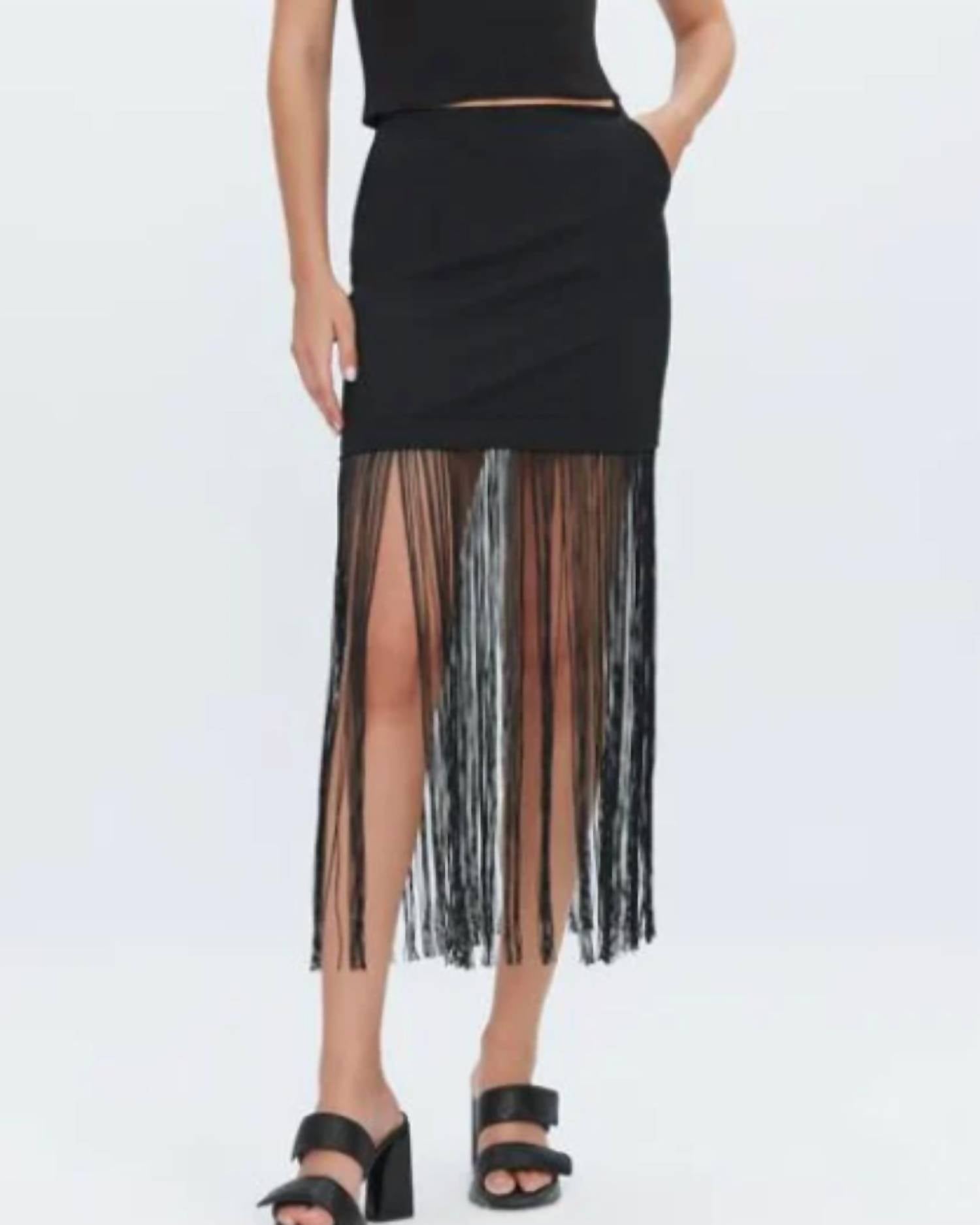 THEO the Label Aphrodite Fringe Layered Mini Skirt in black - women's skirt - detail view