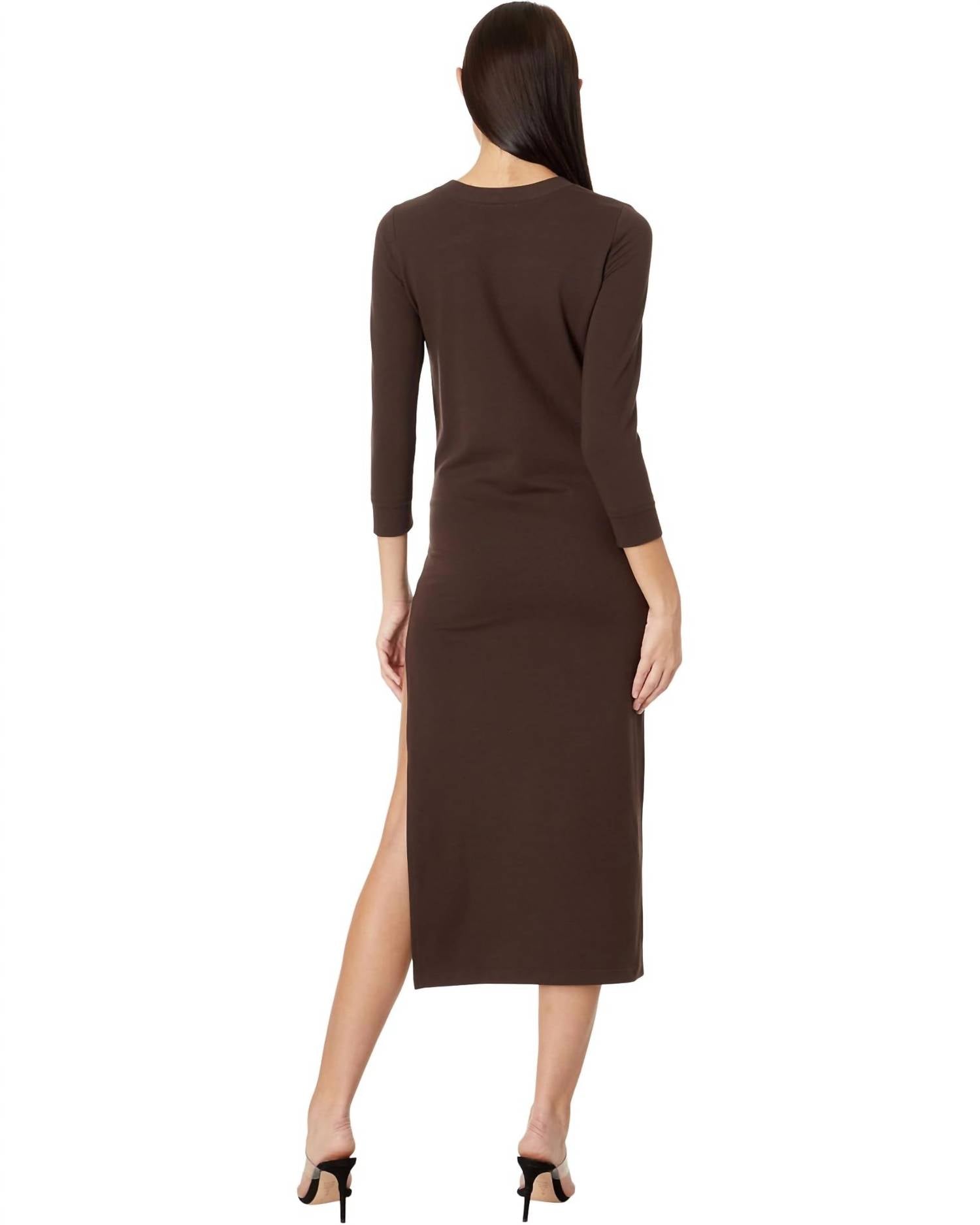 NORMA KAMALI Three Quarter Sleeve Full Length Dress in chocolate - women's dress - detail view