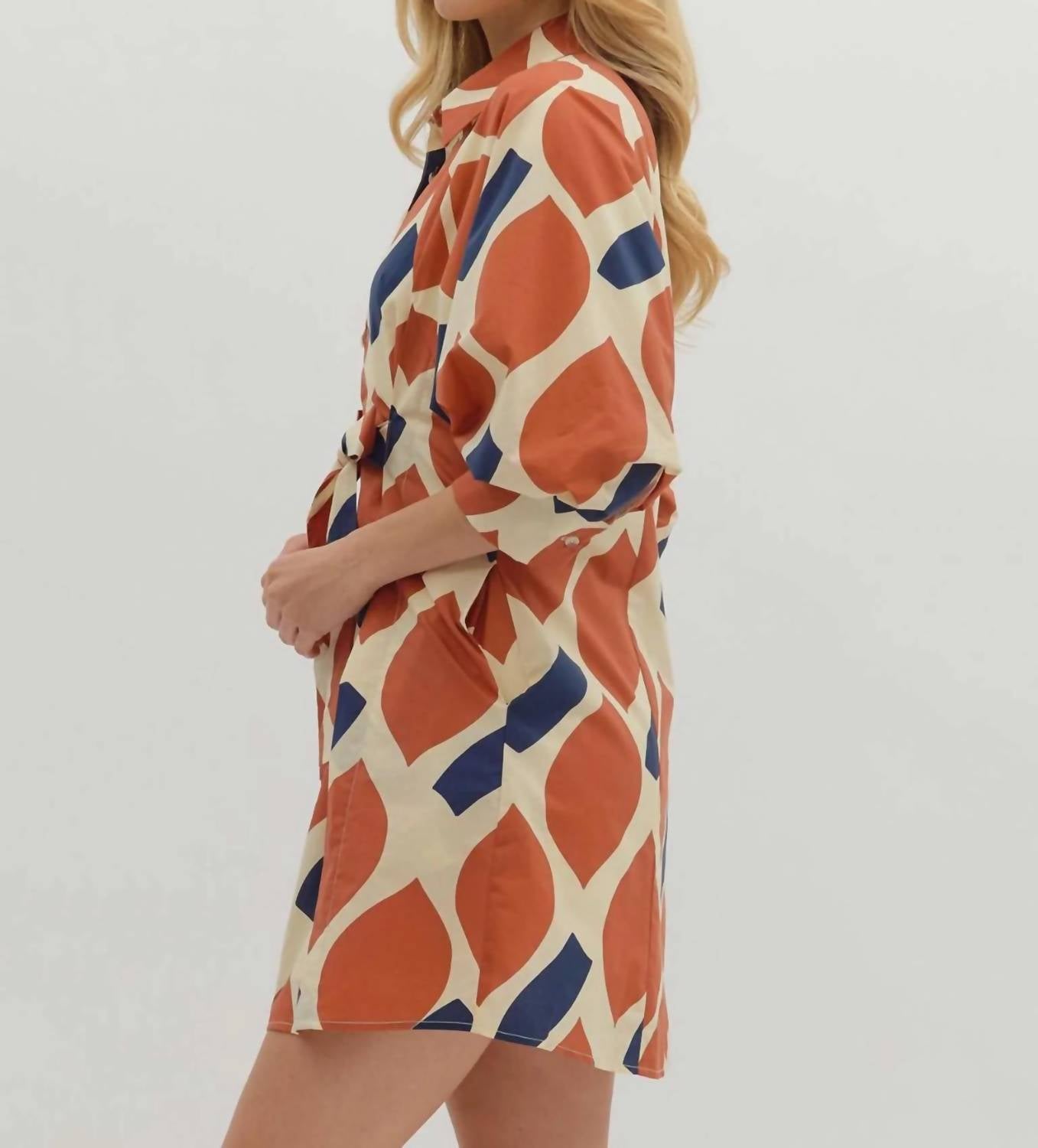 Entro - Women's Abstract Print Self Tie Shirt Dress