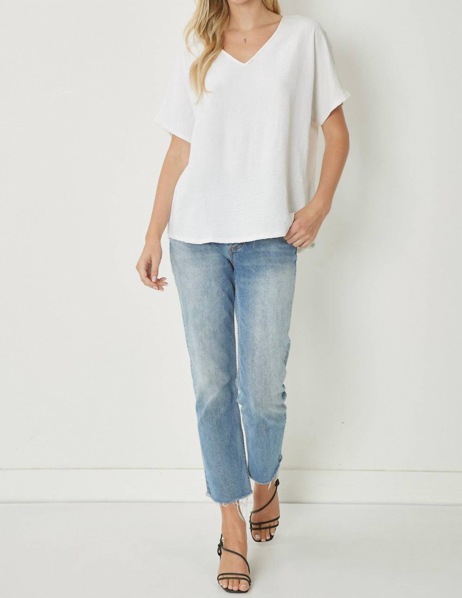 entro Solid V-neck Top in off white - women's blouse - view 6