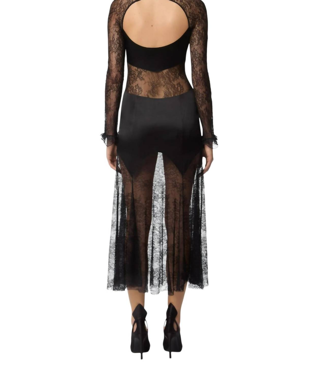 Nina Ricci - Open Neck And Long Sleeves In Lace And Satin Long Dress