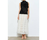 Ina Fashion - Floral Applique Pleated High-Neck Top