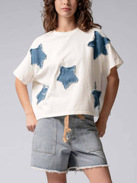 Urban Daizy Star Appliqué Cotton Tee in cream - women's t-shirt