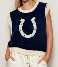 Urban Daizy Western Horseshoe Crochet Knit Ribbed Trim Sweater Vest in navy - women's sweater