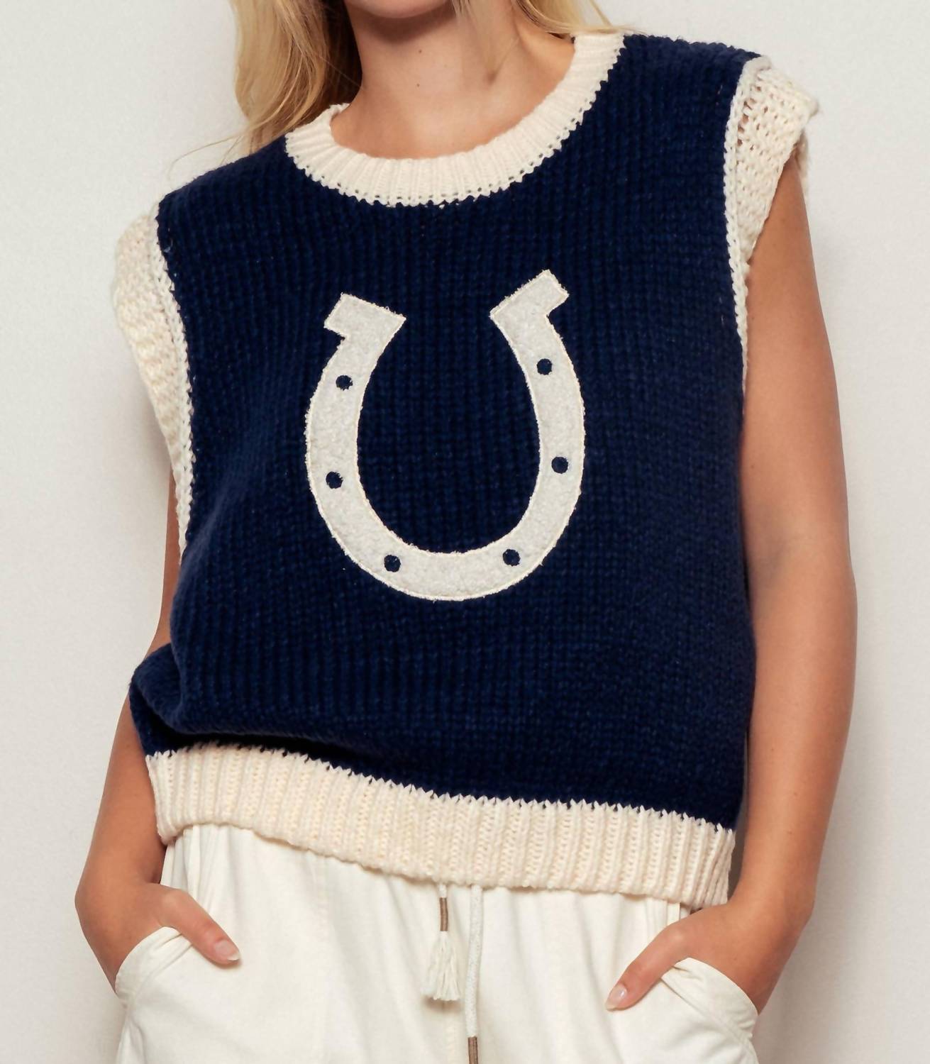 Urban Daizy Western Horseshoe Crochet Knit Ribbed Trim Sweater Vest in navy - women's sweater