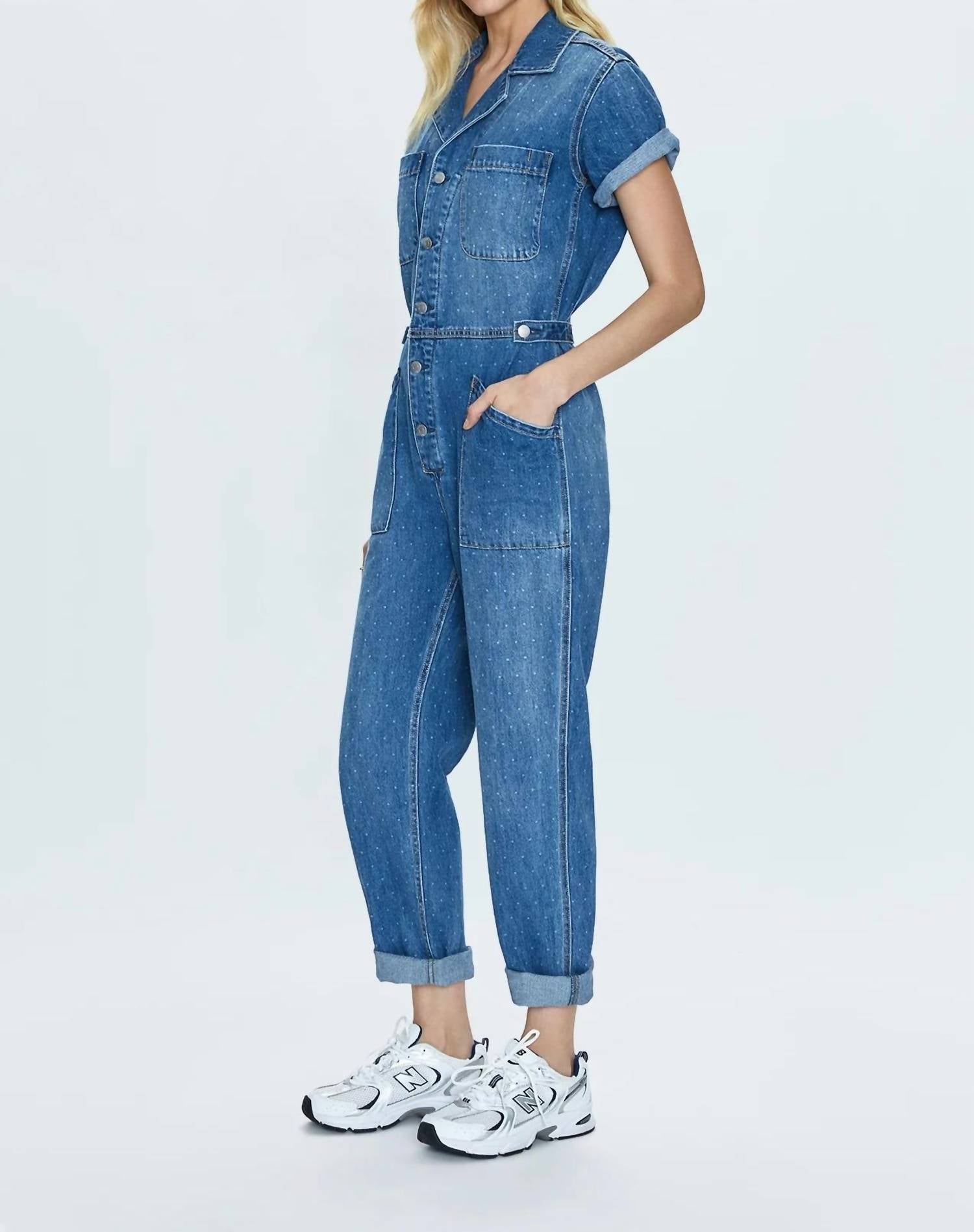 PISTOLA Grover Fieldsuit Utopia Dot Jumpsuit in blue - women's pants - detail view