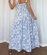Unishe - Floral Print Knot Straps High Waist Flared Maxi Dress