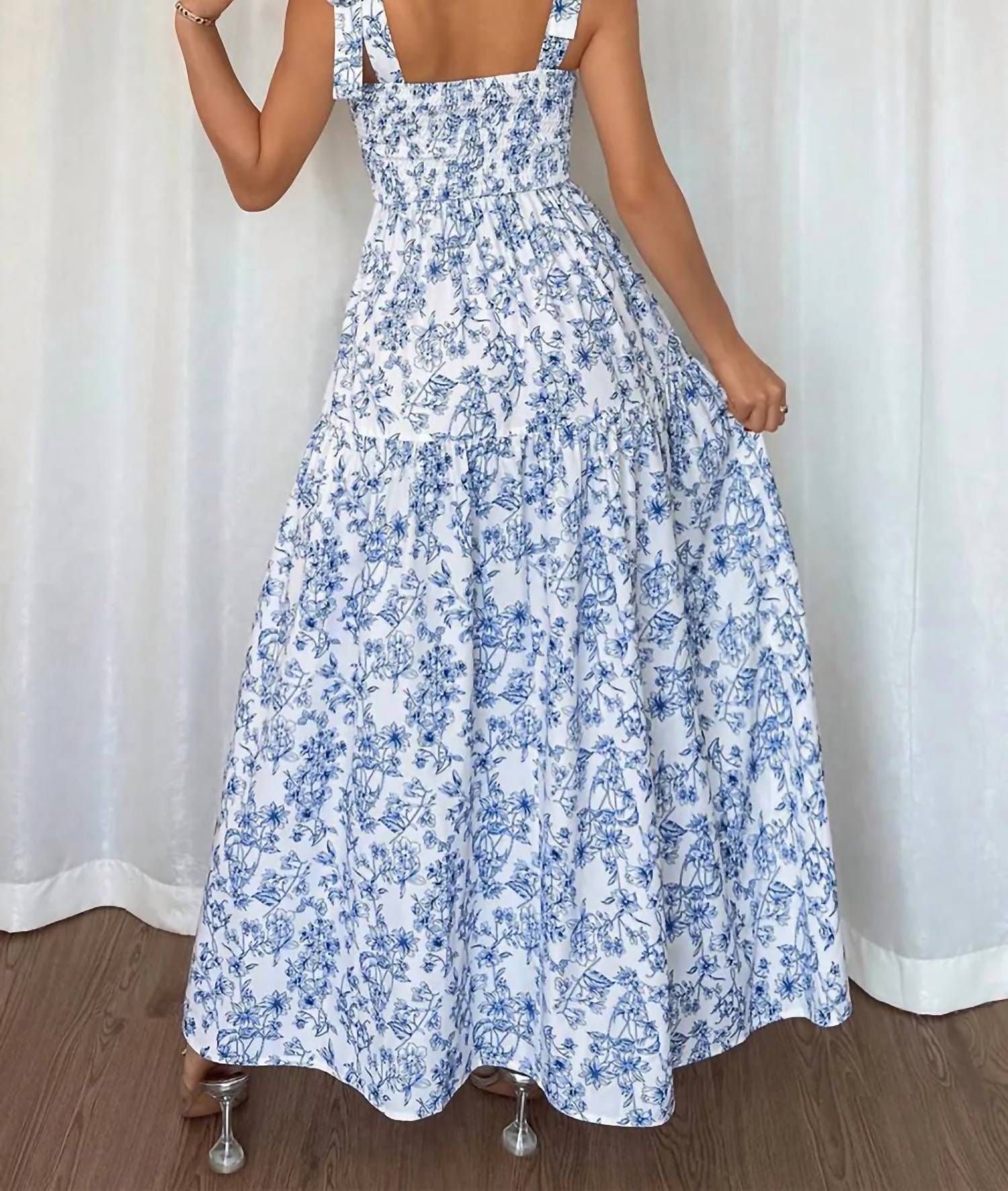Unishe - Floral Print Knot Straps High Waist Flared Maxi Dress