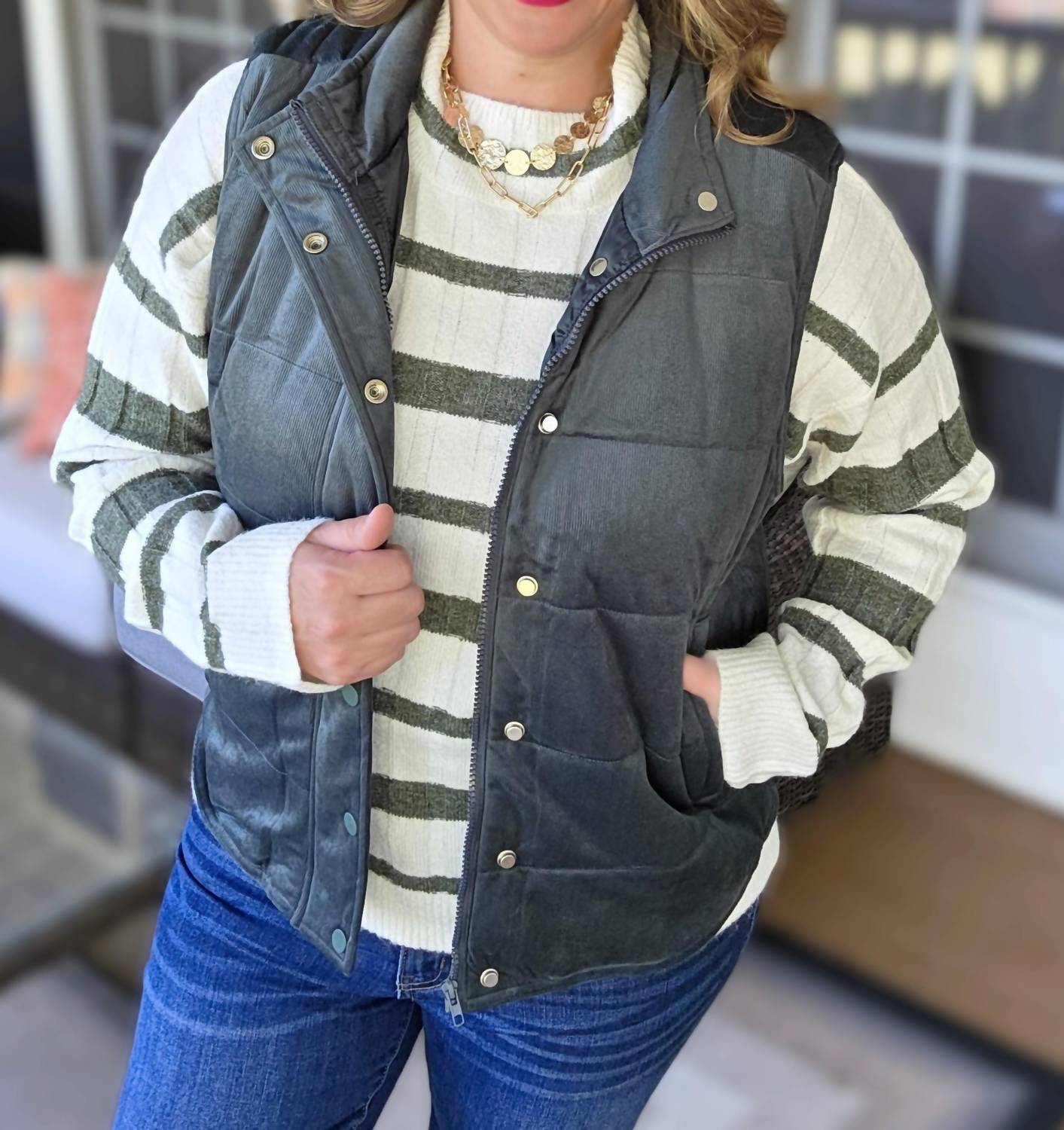 STACCATO Mini Cord Snap Zipper Vest in dark green - women's jacket
