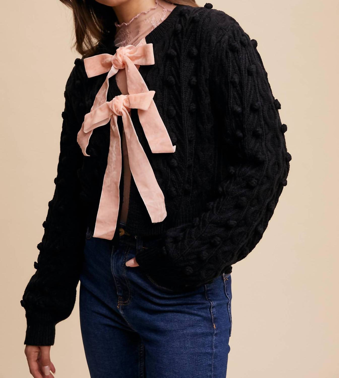 Listicle - Pom Cable Knit Tie Cardigan