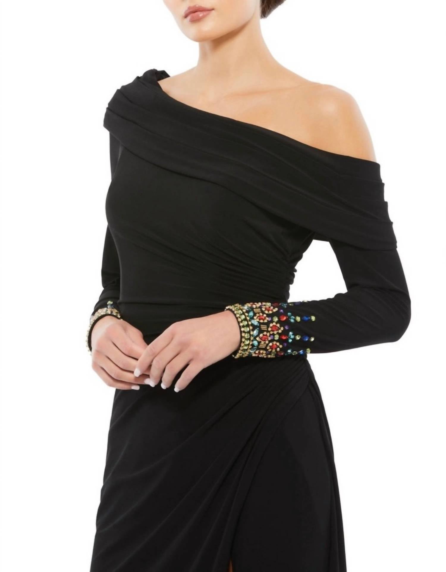 MAC DUGGAL Bead Cuff Drop Shoulder Gown in black - women's dress - alternate view