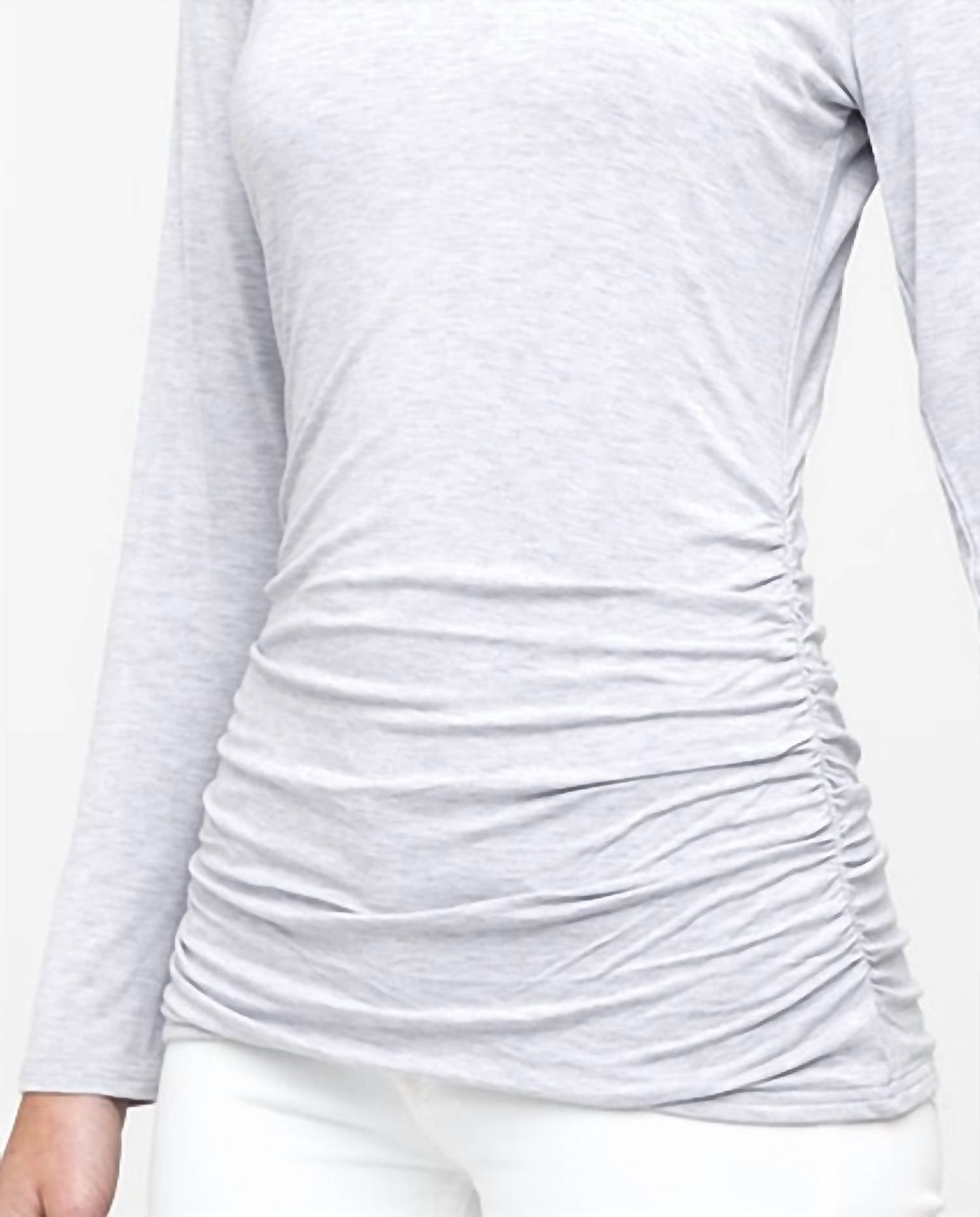 Kinross Bamboo Ruched Long Sleeve Vee Top in gris - women's long sleeve top - detail view