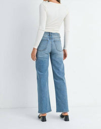 JBD. High Rise Full Length Straight Jeans in blue - women's jeans - detail view