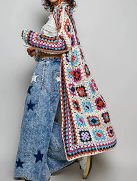 POL Long Sleeve Crochet Cardigan in beige multi - women's cardigan - alternate view