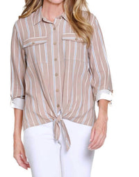 Multiples Striped Tie Front Button-up Top in multi - women's shirt