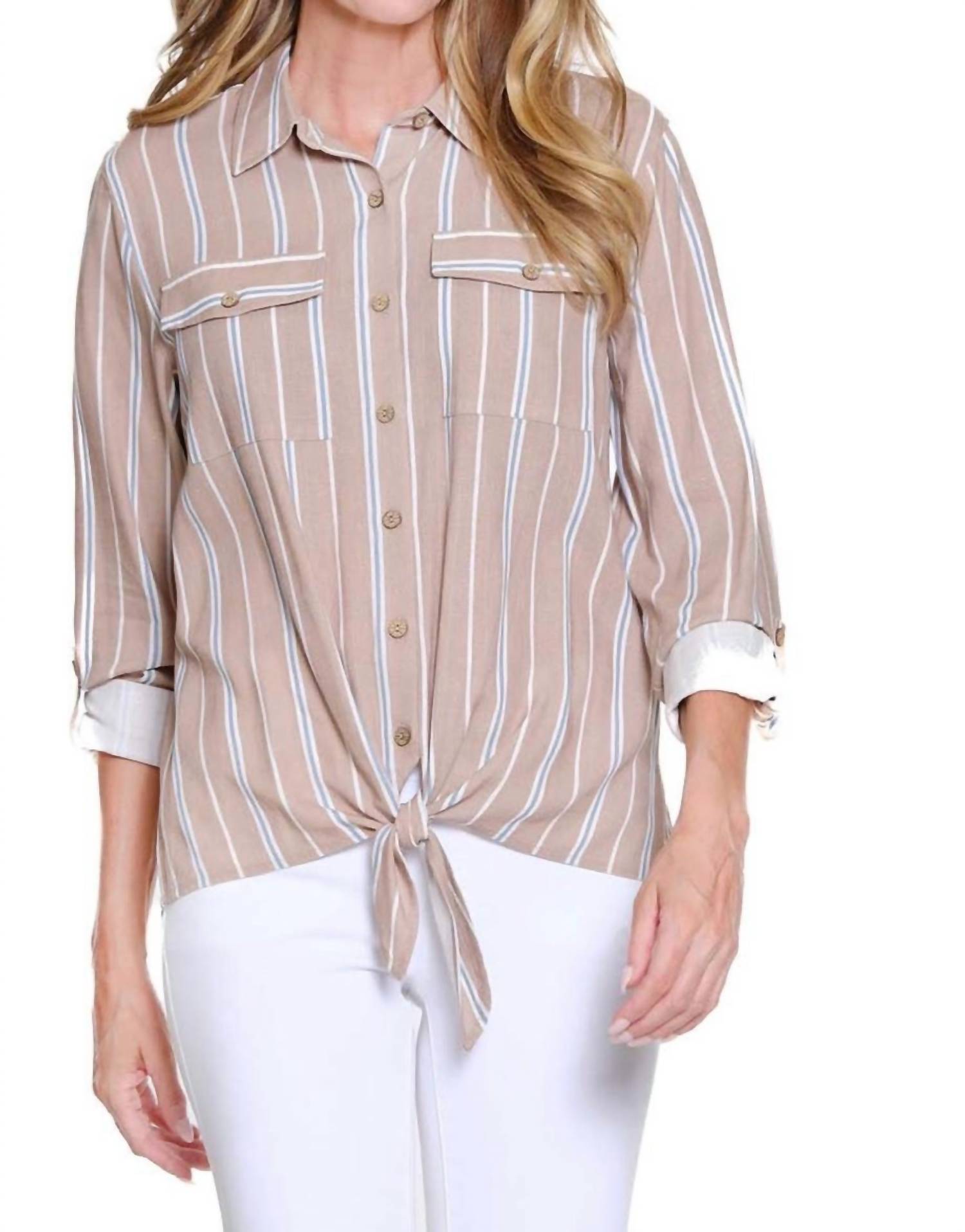 Multiples Striped Tie Front Button-up Top in multi - women's shirt