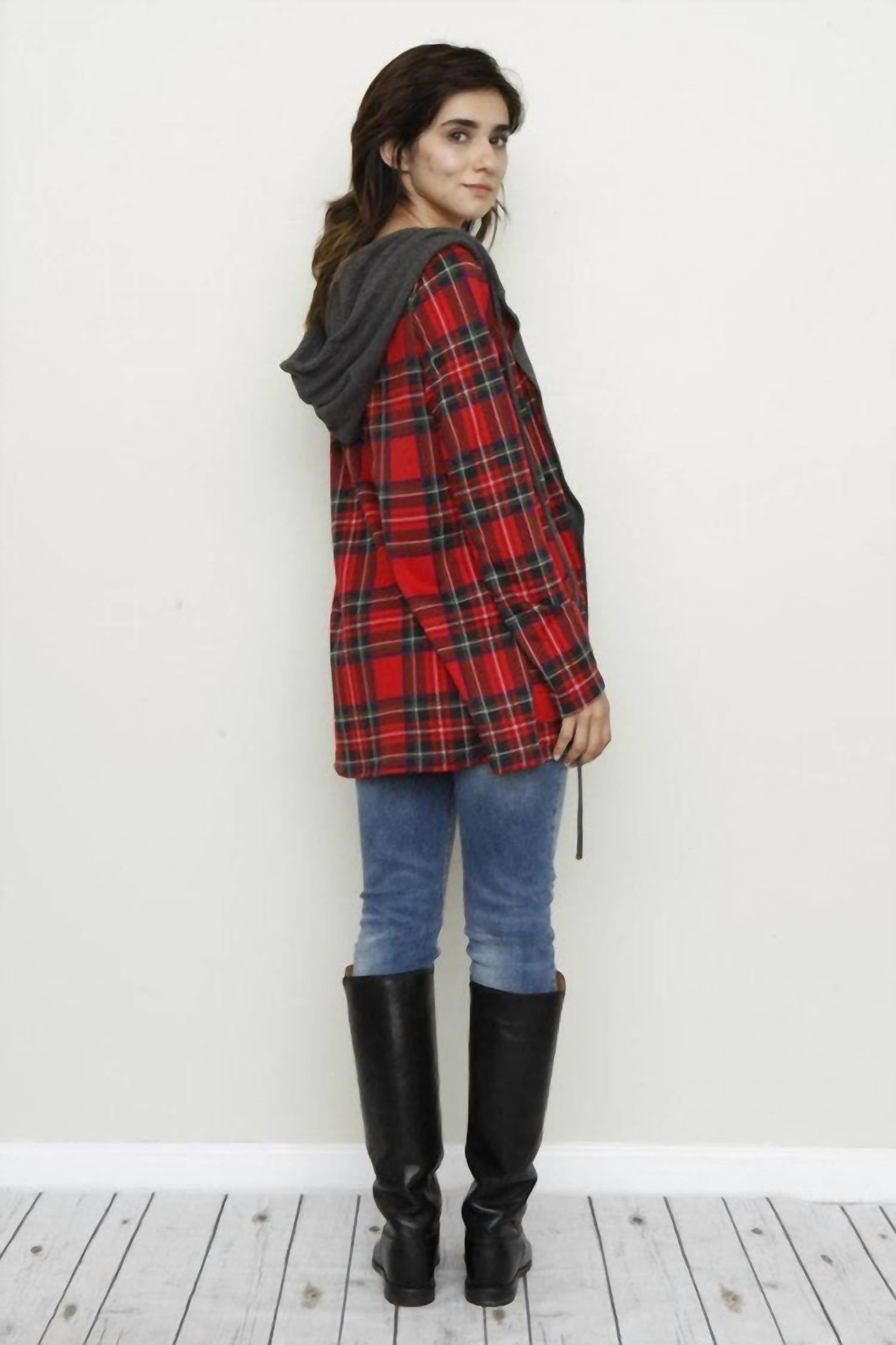 Grateful Hearts - Buffalo Plaid Hooded Charcoal Trimmed Cardigan