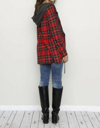 Grateful Hearts - Buffalo Plaid Hooded Charcoal Trimmed Cardigan