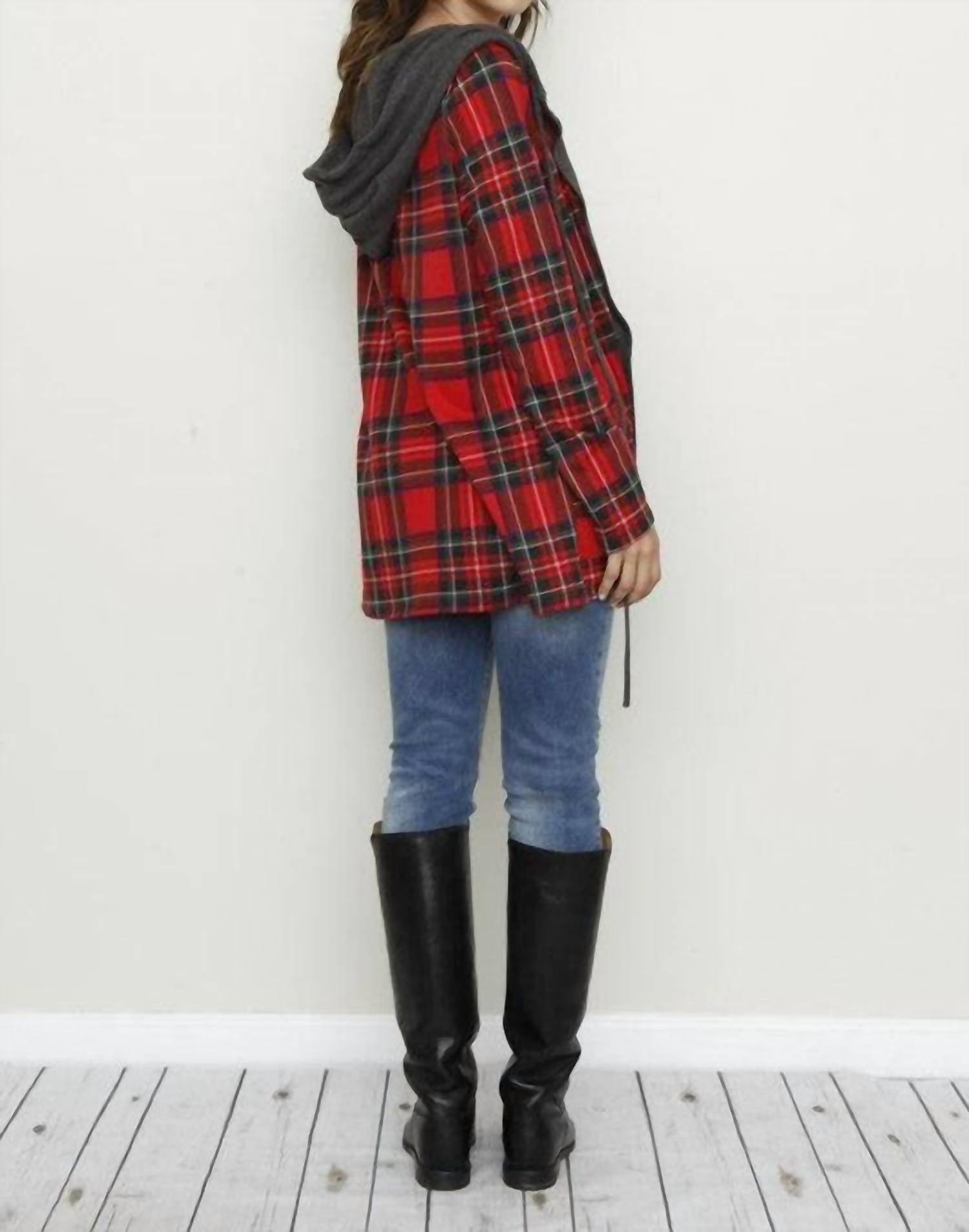 Grateful Hearts - Buffalo Plaid Hooded Charcoal Trimmed Cardigan