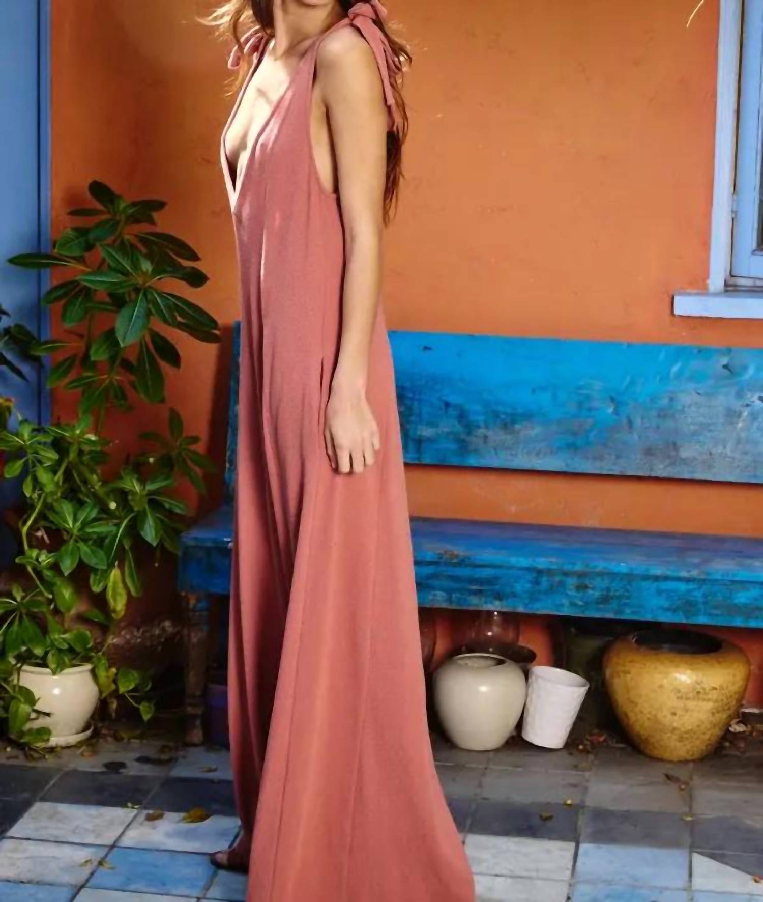 Bucketlist - Shoulder Ties Wide Leg Solid Knit Jumpsuit