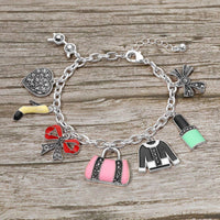 Wona Trading - Stone Paved Heart Bow High Heel Bag Lipstick Charm Station Bracelet