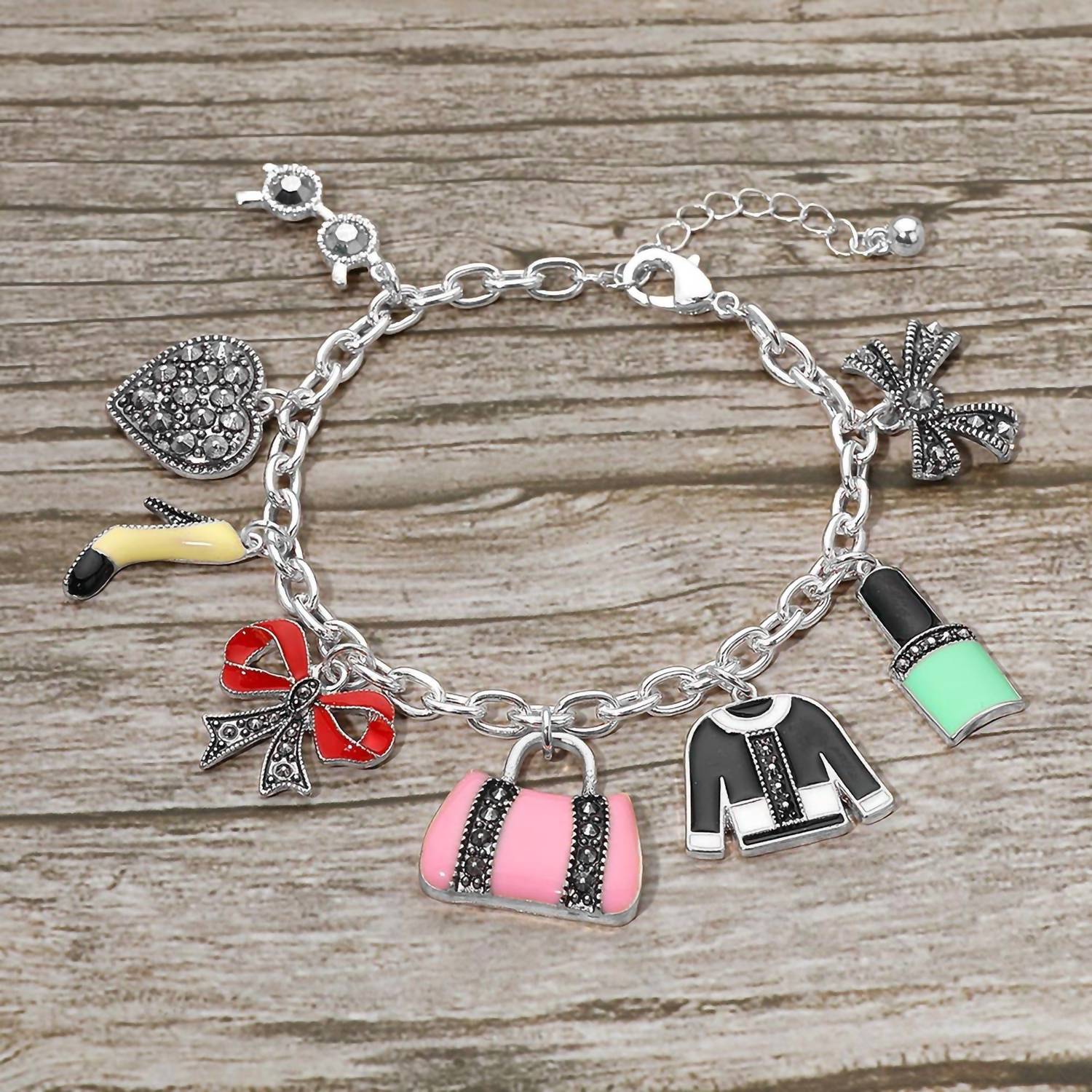 Wona Trading - Stone Paved Heart Bow High Heel Bag Lipstick Charm Station Bracelet