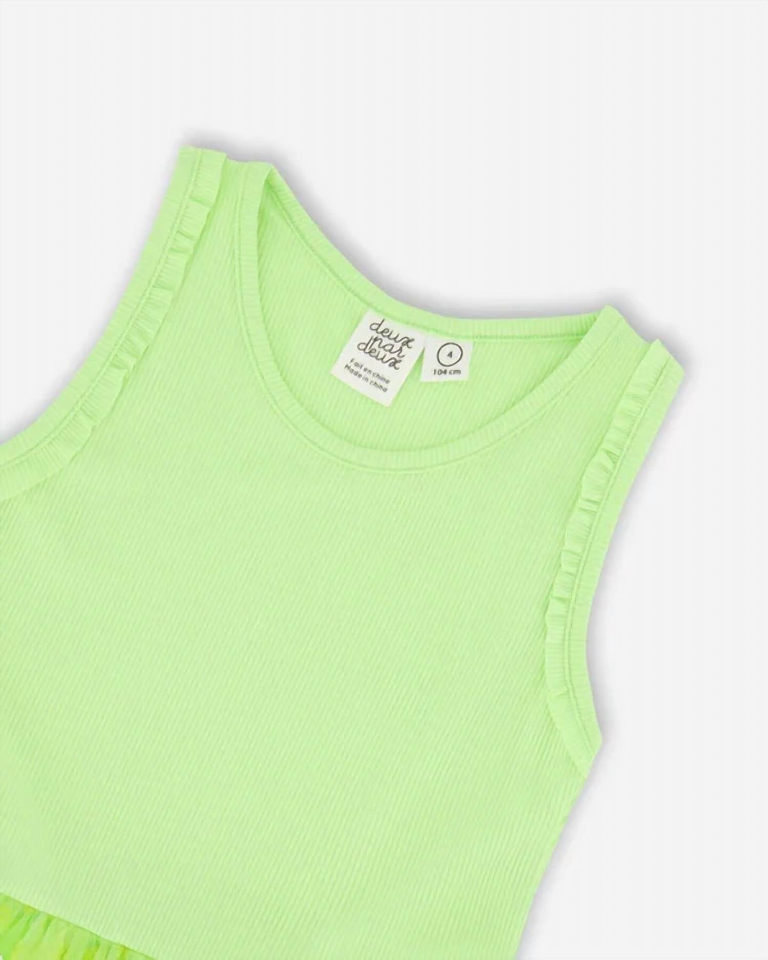 Deux Par Deux - Girls' Shiny Ribbed Dress With Mesh Flocking Flowers