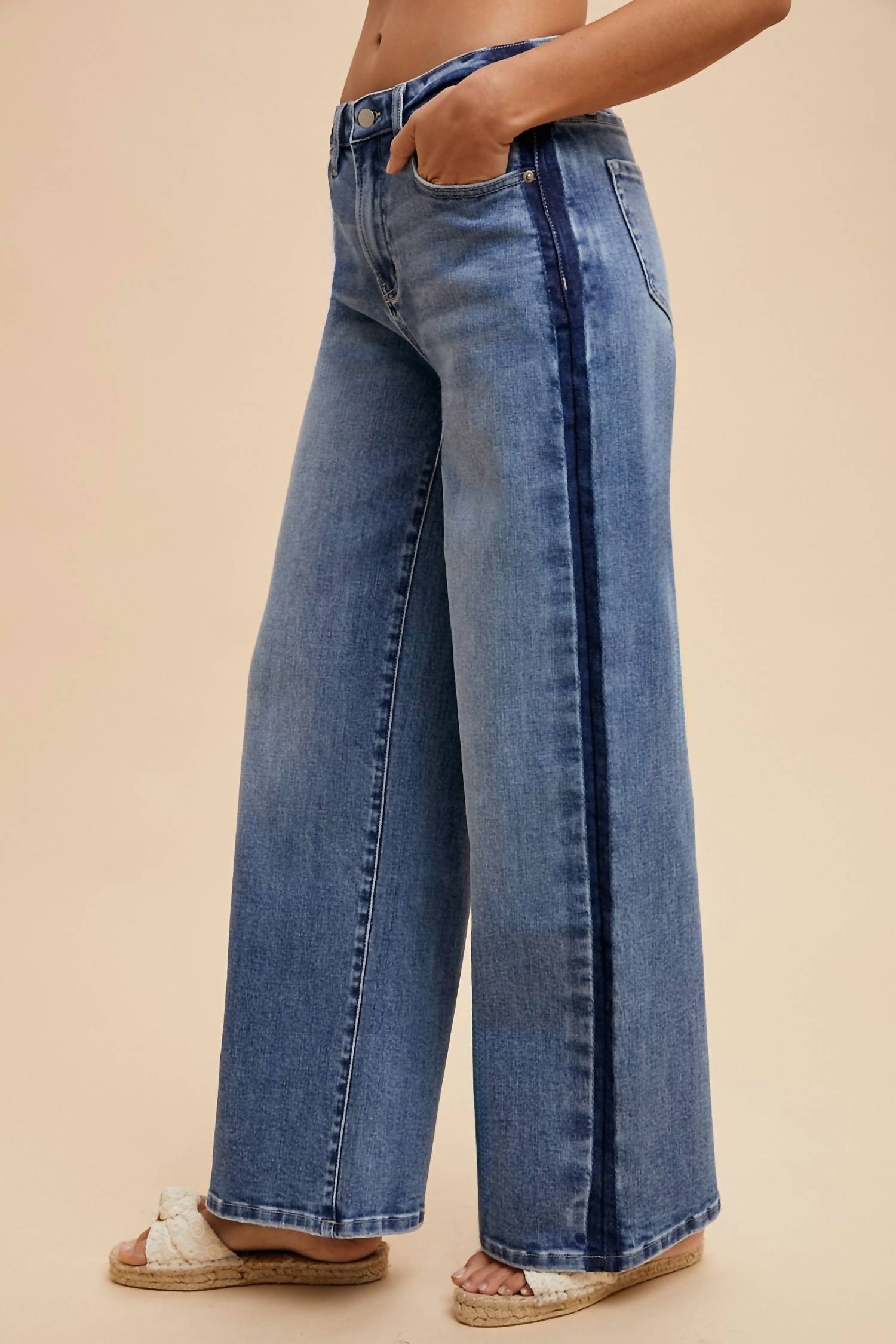 AnnieWear Stretch Side Stripe High Rise Baggy Straight Leg Jean in medium blue - women's jeans - alternate view