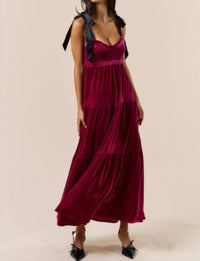 Lalavon - Women's Velvet Satin Bow Shoulder Tie Maxi Dress